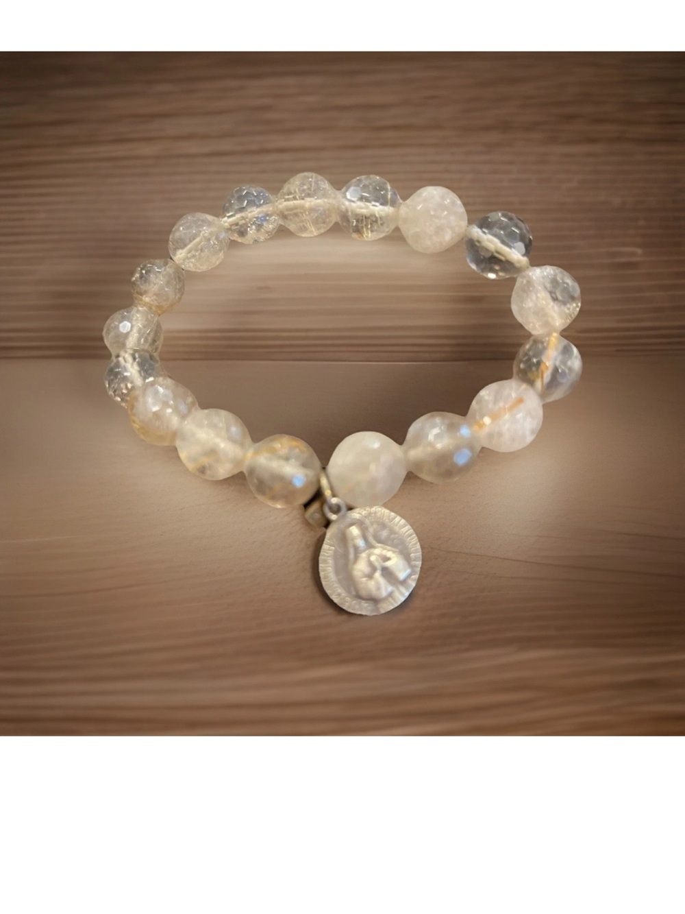 Clear Quartz Beaded Stretch Bracelet with Silver Charm